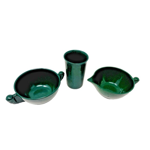 Vtg Color Flyte Creamer and Sugar Set & Juice Cup Branchell Forest Green Melmac - Picture 1 of 11